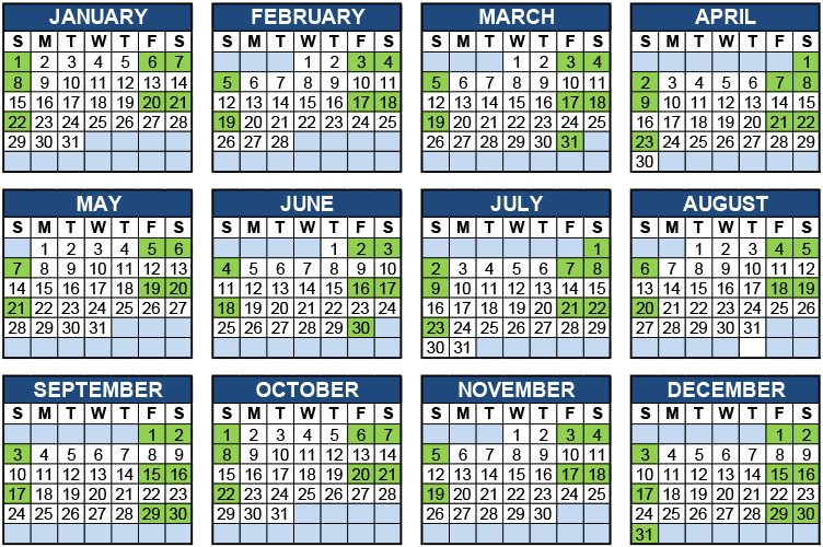 Calendar of First, Third and Fifth Weekends